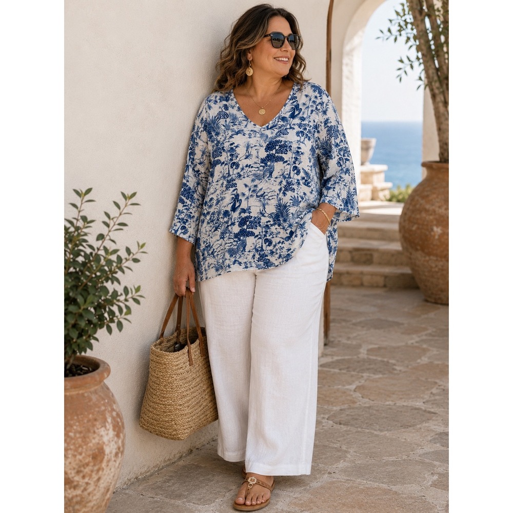 Nicole Miller 100% Linen Toile Top 1X Coastal Grandma Mediterranean Resort Lagen